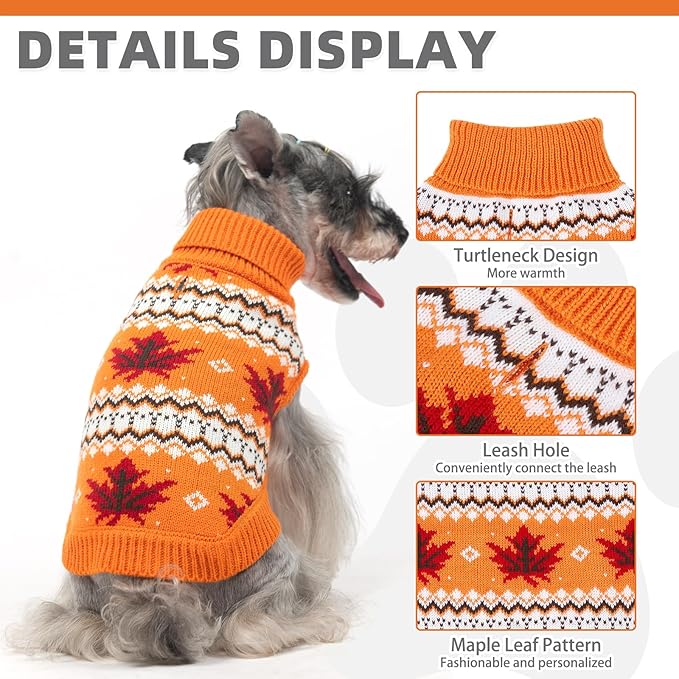 KOOLTAIL Cable Knit Dog Sweater Turtleneck, Cold Weather Pullover Classic Knitwear, Thick Warm Winter Pet Clothes, Fall Maple Leaves Thanksgiving Dog Sweater for Small Medium Large Dogs Cats,Orange XL