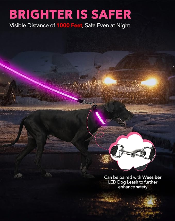 Weesiber Light Up Dog Collar, USB Rechargeable LED Dog Collar Glow in The Dark, Adjustable Reflective Waterproof Dog Collar Light for Night Walking(Pink, S)
