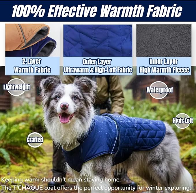 Outdoor Classic Quilted Upgraded Dog Winter Coat, Waterproof & Ultra Warmth Coats for Large Dogs, Lightweight Jackets Chest Adjustable, Pet Turtleneck Snowsuit for Labrador Dalmatian(Blue, 2XL)