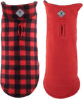 The Worthy Dog Fargo Fleece Buffalo Dog Jacket, Adjustable Reversible with Harness Hole, Wind-Resistant, Winter Outdoor Clothes for Pets, Red - 22''