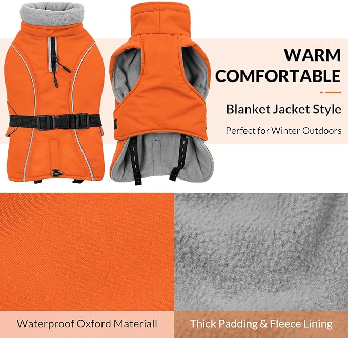 Queenmore Winter Dog Coat Warm Dog Jacket Vest Waterproof Puffer Fleece Snowsuit Adjustable Buckle Leash Hole Reflective Cold Weather Parka for Small Medium Large Dogs Girl Boy Orange S