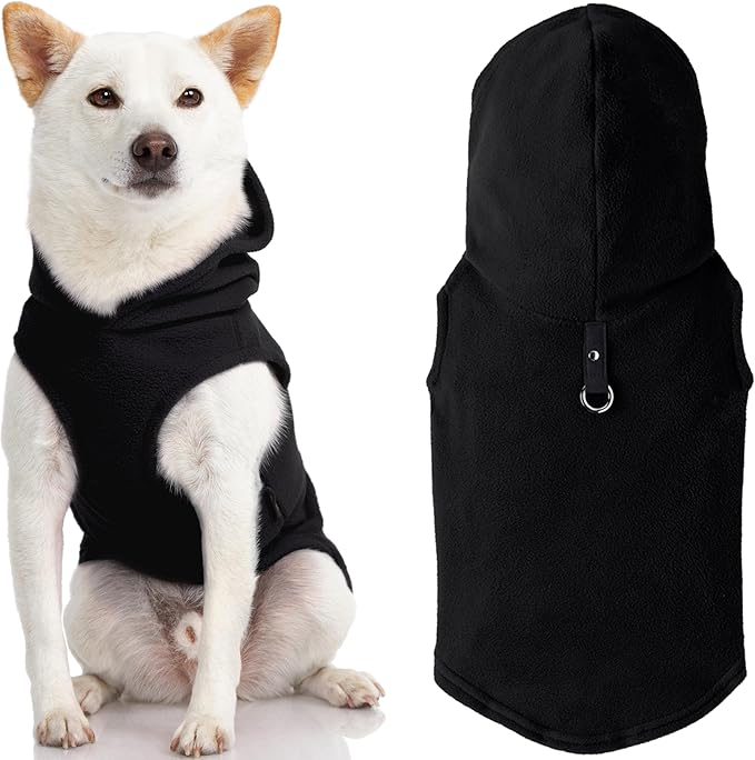 Gooby Fleece Vest Hoodie Dog Sweater - Black, Large - Warm Pullover Dog Hoodie with O-Ring Leash for Small to Medium Dogs