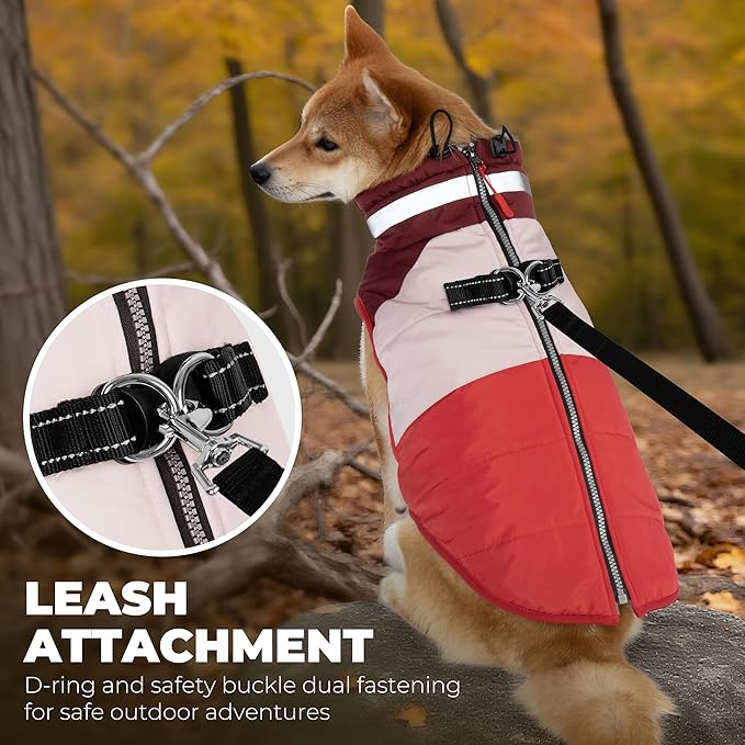 Dog Coats for Medium Dogs, Waterproof Dog Winter Jacket with Harness Built in, Cold Weather Coats, Reflective Zip-up Pet Vest, Warm Fleece Lined Dogs Snowsuit, Red X-Large