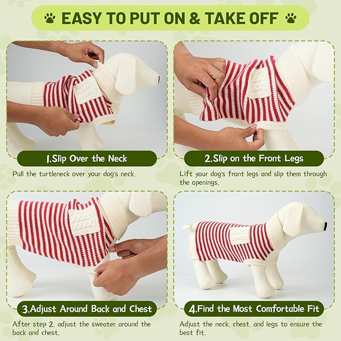 Small Dog Sweater, Knitted Striped Pullover Dog Clothes for Cold Weather, Thick Warm Cozy Stretchy Sweater for Chihuahua, Bulldog, Dachshund, Pug(Red & White Strip, XL)