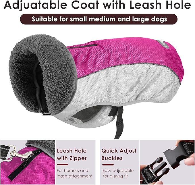 Dog Coat, Waterproof Ripstop Dog Winter Jacket with Leash Hole, Reflective Adjustable Warm Pet Fleece Snow Sweater for Small Medium Large Dogs - Rosy Red, 2XL