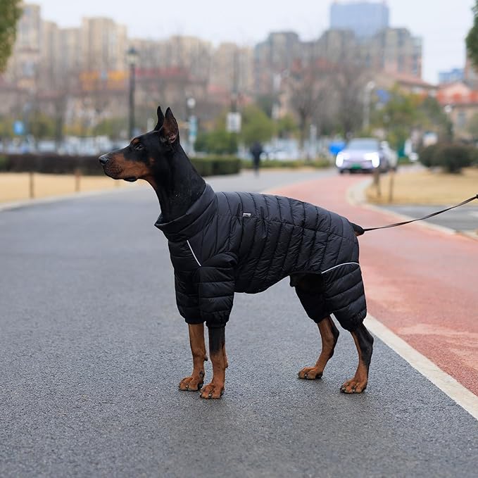 Lovelonglong Dog Coat Dog Warm Jacket, 4 Legs Covered Waterproof Windproof Reflective Warm Dog Vest, Zippered Adjustable Outdoor Dog Snow Jacket for Small Medium Large Dogs Black L