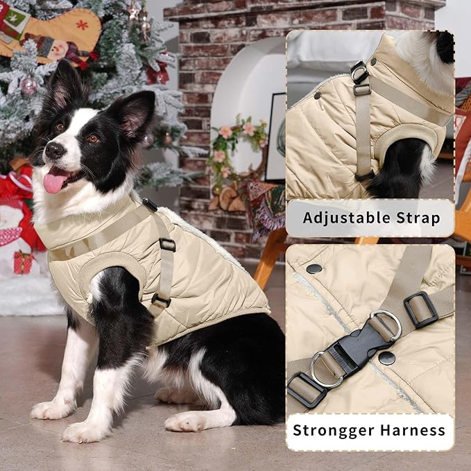 Dog Jacket with Harness,Fleece Lined Warm Puppy Coat for Winter,Soft Windproof Large Dog Vest,Khaki XXL