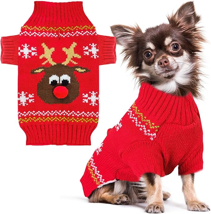 PETCARE Dog Christmas Sweater Red Ugly Funny Cute Cartoon Reindeer Cat Sweaters Jumper Holiday Dog Clothes Puppy Sweaters for Small Medium Large Dogs Fall Winter Outfits Xmas Dogs Costume,X-Small
