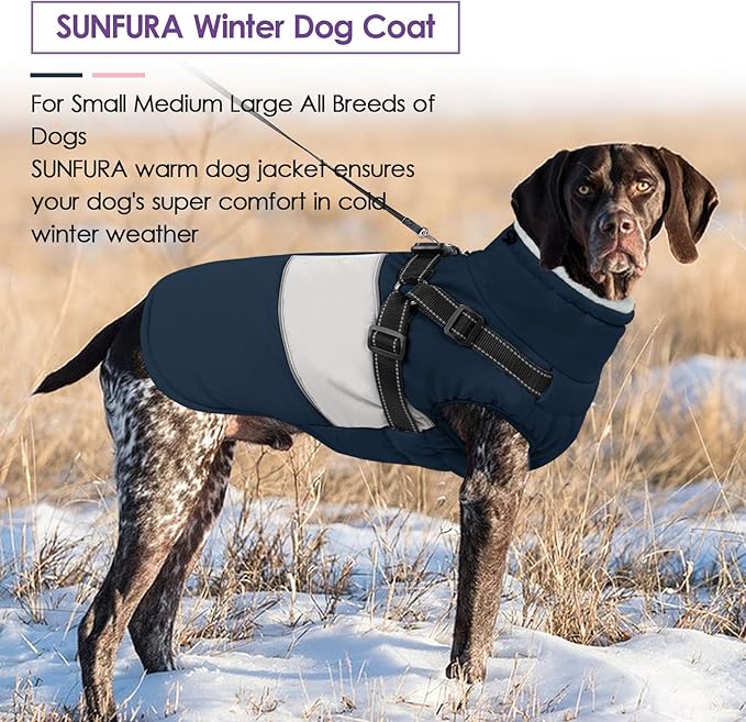 SUNFURA Small Dog Coat with Harness Built in, Warm Dog Jacket Winter with Zipper On Back, Waterproof Pet Snow Jacket Snowsuit Pet Sweater Clothes for Puppy, Blue XS