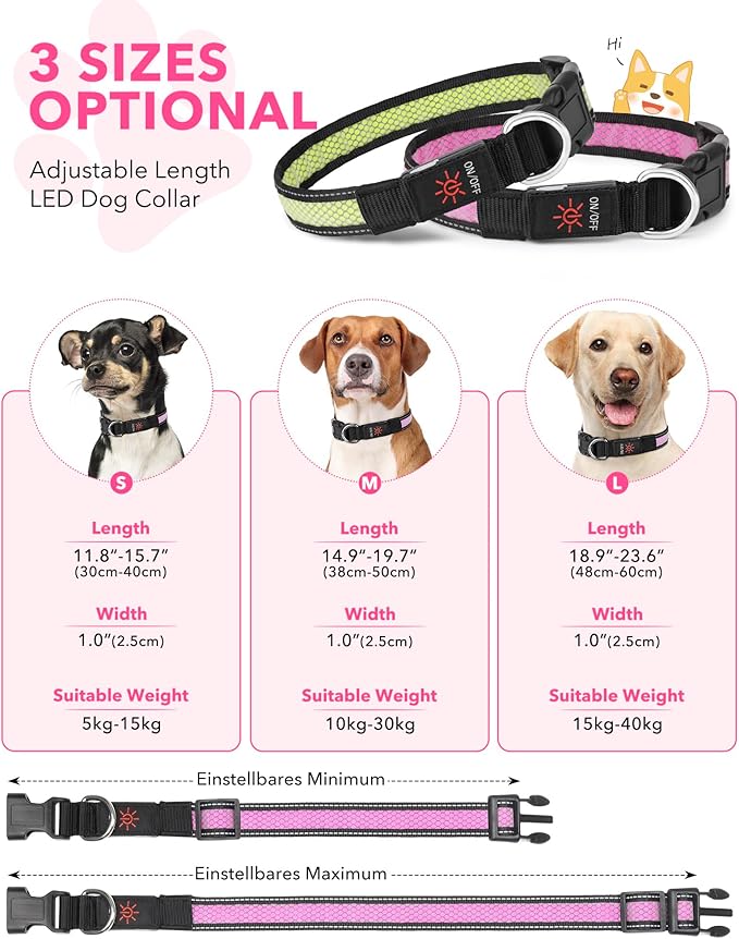 Weesiber Light Up Dog Collar, USB Rechargeable LED Dog Collar Glow in The Dark, Adjustable Reflective Waterproof Dog Collar Light for Night Walking(Pink, S)