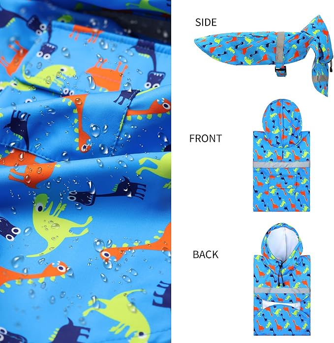 NACOCO Large Dog Raincoat Adjustable - Pet Dinosaurs Water Proof Clothes Lightweight Rain Jacket Poncho Hoodies with Strip Reflective Blue (XL, Blue Dinosaur)