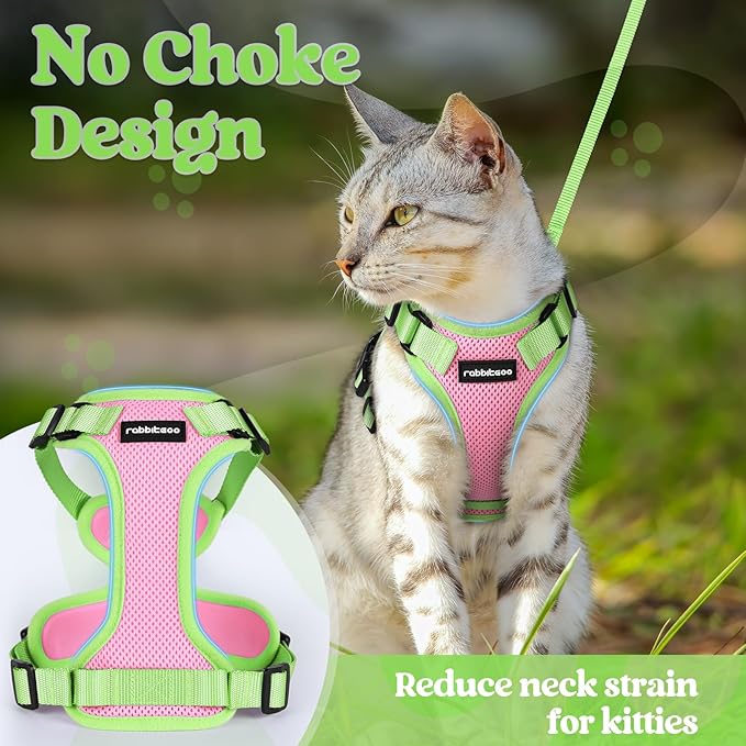 rabbitgoo Cat Harness and Leash Set, Escape Proof Soft Adjustable Vest Harnesses for Outdoor Walking, Easy Control Breathable Kitten Jacket with Reflective Strips, Pink & Light Green, XS