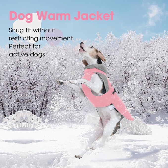 Nanaki Large Dog Coats for Winter Waterproof, Warm Fleece Lining Reflective Large Dog Jacket with Leash Hole,Furry Collar Cold Weather Puppy Jacket Outdoor Walking Hunting Easy On Pet Snow, Pink 2XL