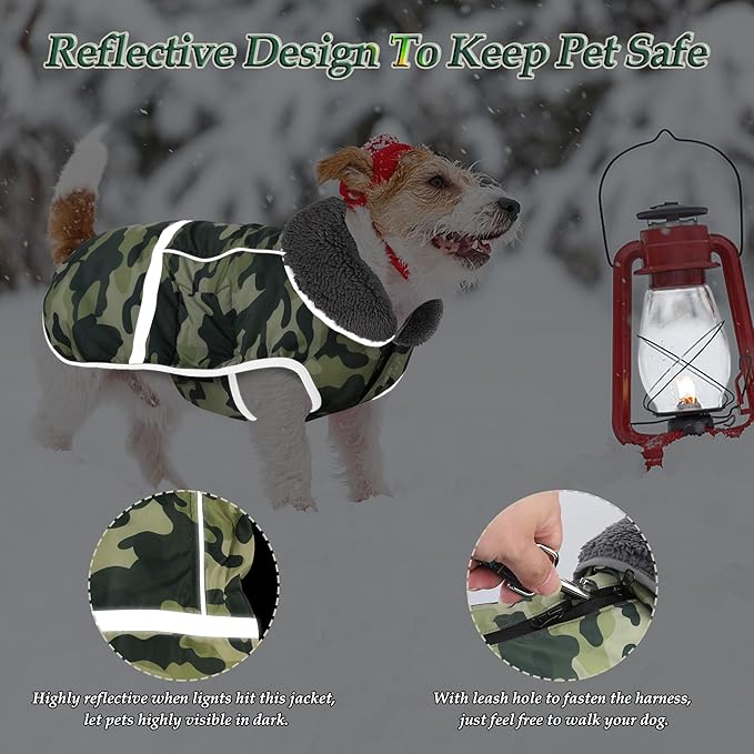Dogcheer Warm Dog Coat, Waterproof Dog Jacket Reflective Adjustable Puppy Winter Coat with Buckle, Christmas Pet Snow Jacket Turtleneck Fleece Sweater for Small Medium Large Dogs- Camo Green, M