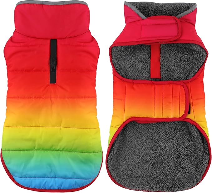 Dog Winter Coat, Waterproof Dog Jacket with Leash Hole, Reflective Adjustable Pet Snow Vest, Warm Fleece Sweater for Small Medium Large Dogs - Rainbow, S
