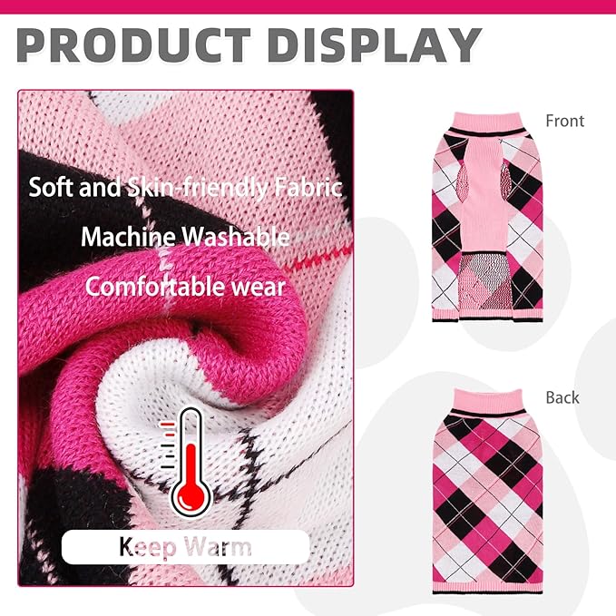 KOOLTAIL Dog Sweater Pet Knitted Clothes - Classic Pink Plaid Pullover Turtleneck Thick Warm Fall Dog Sweaters with Leash Hole, Soft Winter Coats for Small Medium Large Dogs Cats Puppy Girls, S