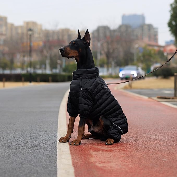 Lovelonglong Dog Coat Dog Warm Jacket, 4 Legs Covered Waterproof Windproof Reflective Warm Dog Vest, Zippered Adjustable Outdoor Dog Snow Jacket for Small Medium Large Dogs Black L