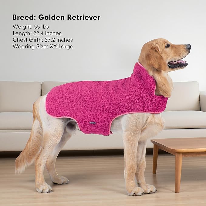 cyeollo 3XL Warm Dog Coat, Fleece Winter Coats Sherpa Reversible Dog Jacket Soft Doggy Sweater with Leash Hole for Large Dogs Soft Pet Coats for Cold Weather, Fuchsia XXXL