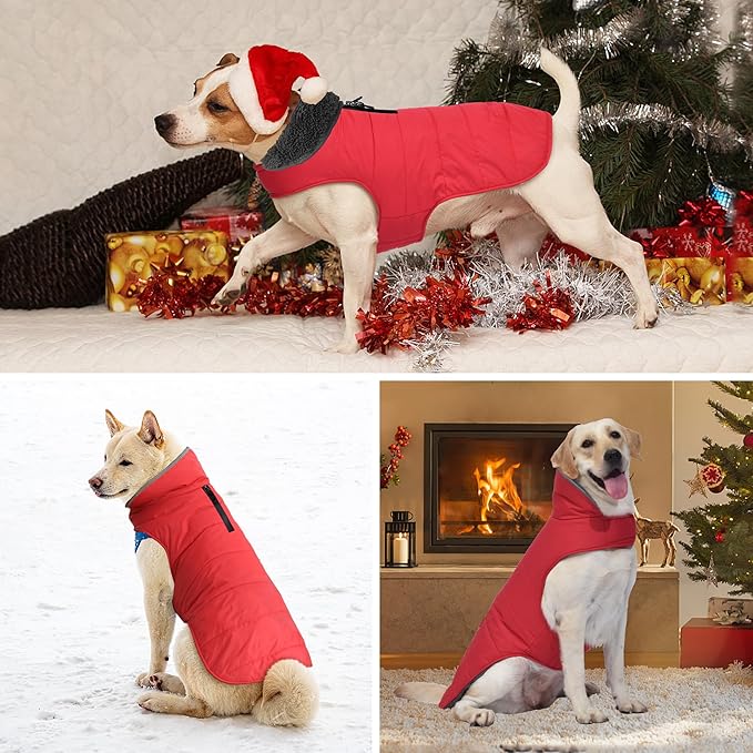 Dog Winter Coat, Waterproof Dog Jacket with Leash Hole, Reflective Adjustable Pet Snow Vest, Warm Fleece Sweater for Small Medium Large Dogs - Red, 2XL
