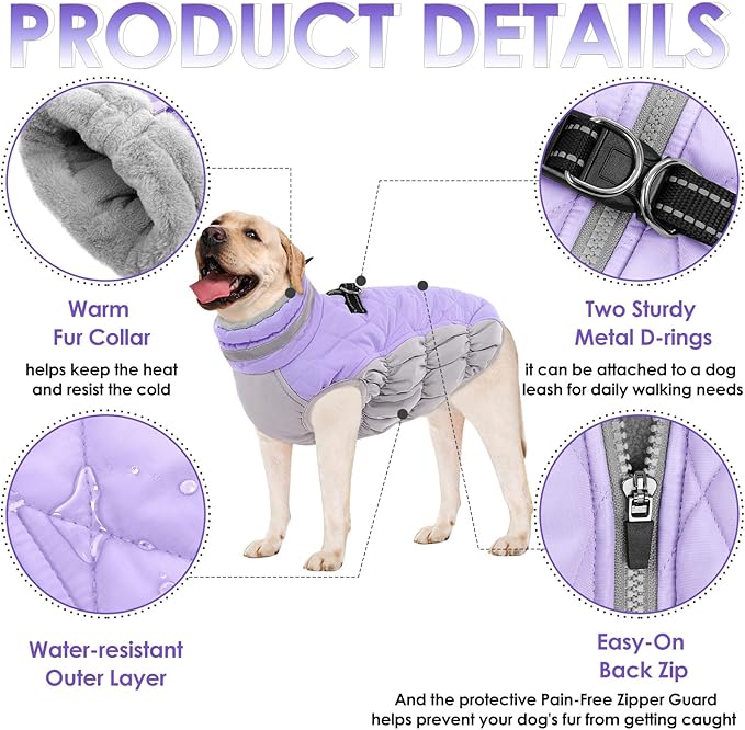 AOFITEE Dog Coat, Warm Dog Jackets for Small Dogs, Dogs Winter Coat with Harness Built in, Reflective Pet Winter Jacket, Waterproof Windproof Puppy Puffer Jacket Fleece Vest, Lilac XS