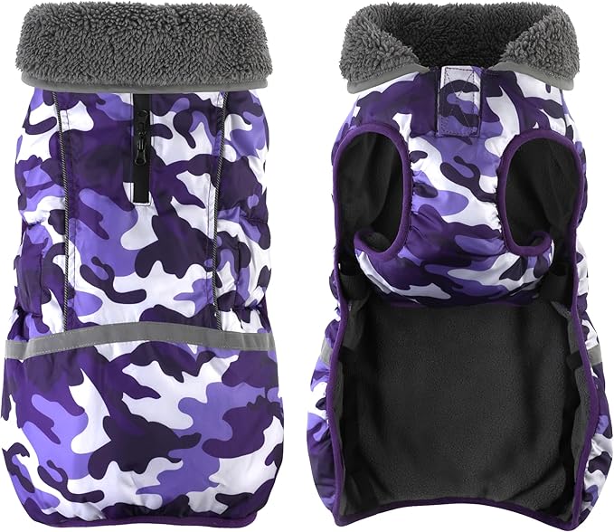 Dogcheer Warm Dog Coat, Waterproof Dog Jacket Christmas Puppy Winter Coat with Buckle, Reflective Adjustable Pet Snow Jacket Turtleneck Fleece Sweater for Small Medium Large Dogs - Camo Purple, 3XL