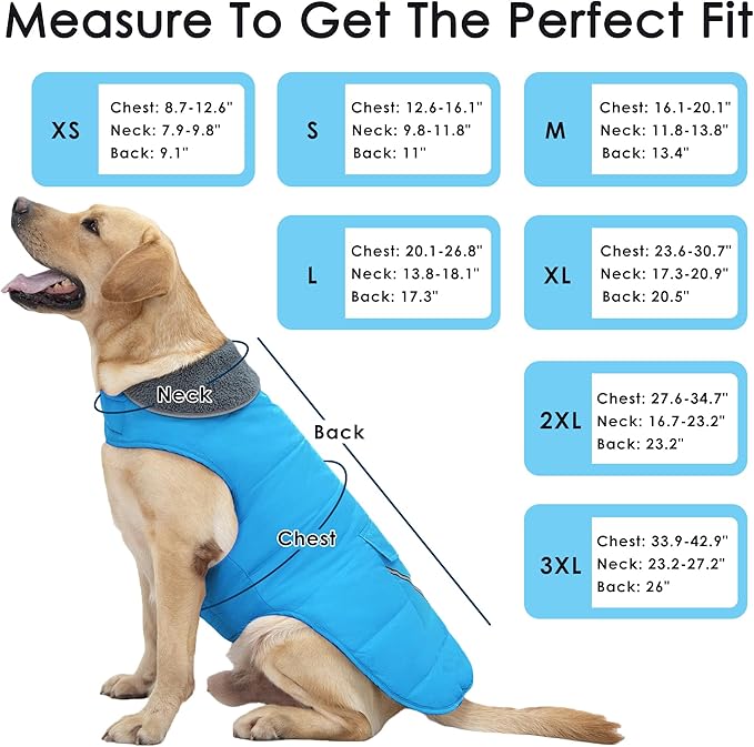 Dog Coat, Waterproof Dog Winter Jacket with Pocket, Reflective Adjustable Pet Snow Vest, Warm Cozy Fleece Sweater for Small Medium Extra Large Dogs - Sky Blue, 2XL
