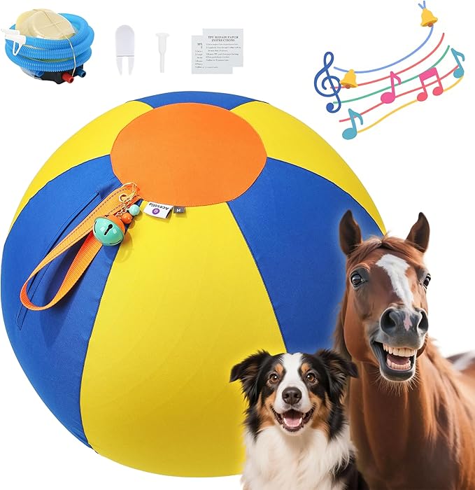 22‘’ Jingle Herding Ball for Dogs & Puppies with Bell, Dog Play Toy, Audible Herding Ball for Cattle Dog, Australian Shepherd, Thickened Oxford Cover, Pump, Patch Repair Kit (22inch)