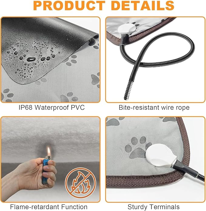 Bestio Pet Heating Pad 22x 18 in Waterproof Heated Cat Bed Adjustable Thermostat Normally ON Function Metal Protective Tubing with a Plush Cotton Cover - Gray
