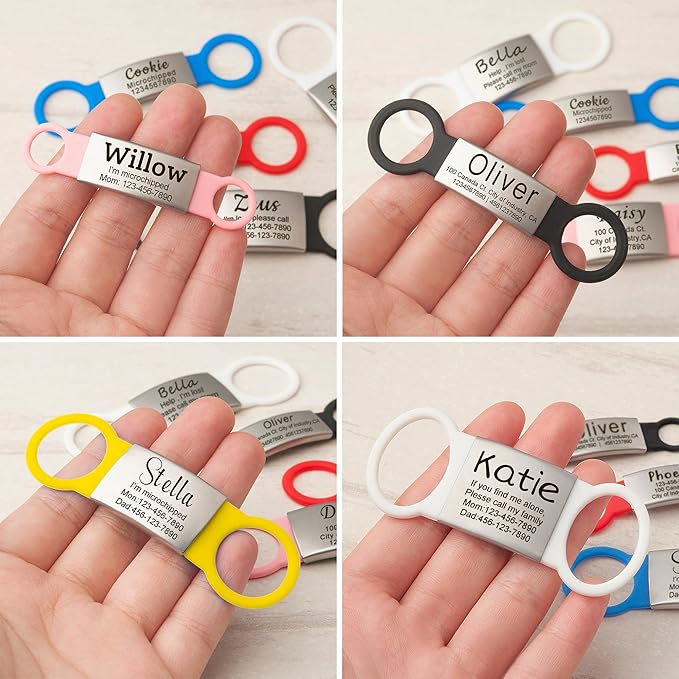 Anavia Slide On Silent Pet ID Tags, S/M/L/XL Personalized Multi-Color Silicone Band Cat Dog Name Tags, Customized Engraved Stainless Steel, Chew-Proof Quiet Dog Collar Tags (Yellow, Small)