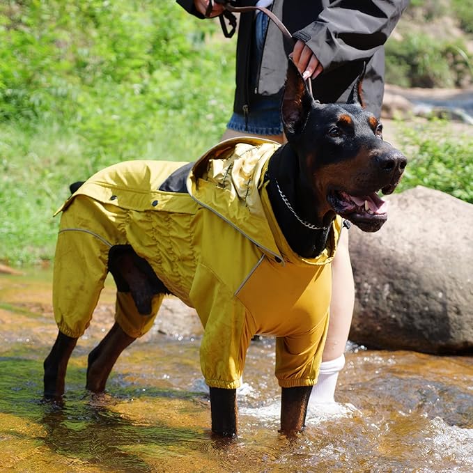 LOVELONGLONG Fleece-Lined Dog Raincoat with Removable Hood – Waterproof Winter Full Body Dog Jacket – Windproof Snowproof Cold-Weather Suit – Yellow-F XS