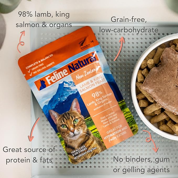 Feline Natural Wet Cat Food Pouch - Lamb & Salmon Feast, Grass-Fed & Wild-Caught, Grain-Free New Zealand Pate, 3oz Single Serve, Pack of 12