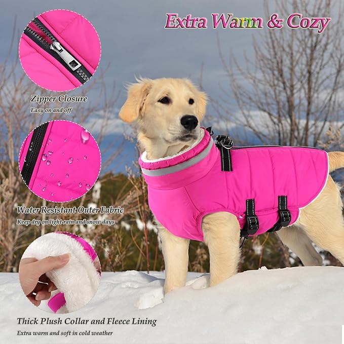 Dogcheer Dog Coat, Waterproof Dog Jacket with Harness, Reflective Adjustable Puppy Winter Coat with Zipper, Christmas Pet Snow Jacket Clothes for Small Medium Large Dogs - Pink M