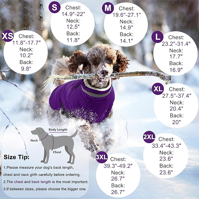 Dogcheer Dog Coat with Harness, Waterproof Dog Jacket Adjustable Pet Winter Coat with Zipper, Christmas Puppy Snow Jacket Fleece Sweater for Small Medium Large Dogs - Purple M