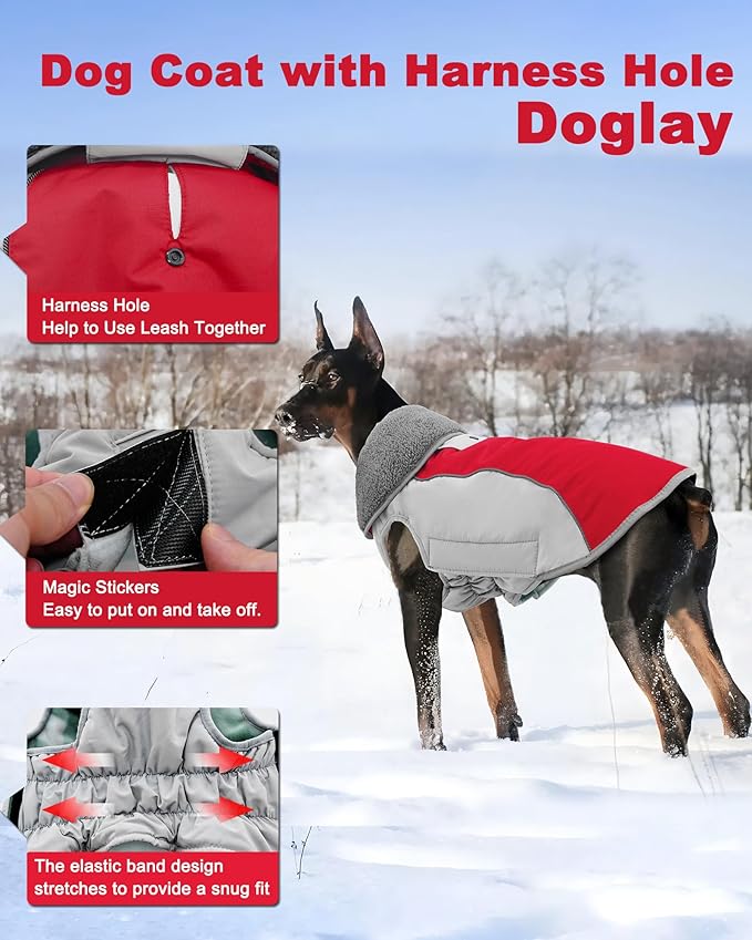 Doglay Dog Coat Waterproof Warm Dog Winter Jacket,Christmas Reflective Fleece Puppy Winter Coat with Harness Hole, Adjustable Snow Jacket for Small Medium Large Dogs