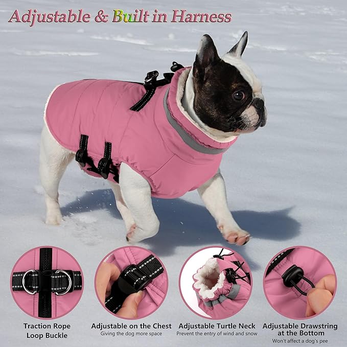 Dogcheer Dog Coat with Harness, Waterproof Dog Jacket Adjustable Winter Coat with Zipper, Christmas Puppy Snow Jacket Fleece Sweater for Small Medium Large Dogs - Light Pink 2XL