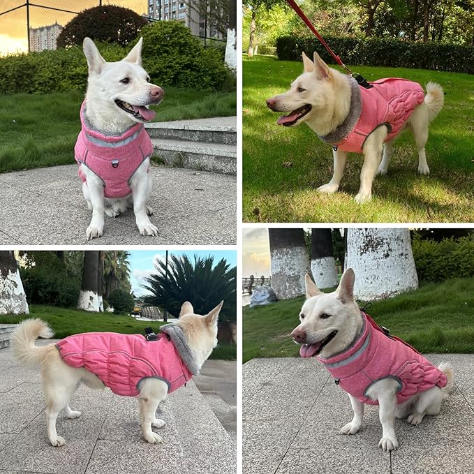 Malier Dog Coat, Reflective Dog Jacket Waterproof Windproof Puppy Cold Weather Coats with Harness Built in, Winter Extra Warm Pet Coat Fleece Vest for Small Large Pets and Puppy (Pink, Small)