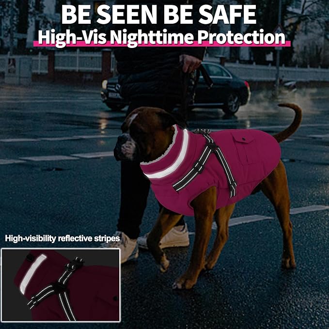 Dogcheer Dog Coat with Harness, Waterproof Warm Dog Winter Jacket with Pockets, Reflective Pet Fleece Jacket Turtleneck Snowsuit for Small Medium Large Dogs - Pink, L