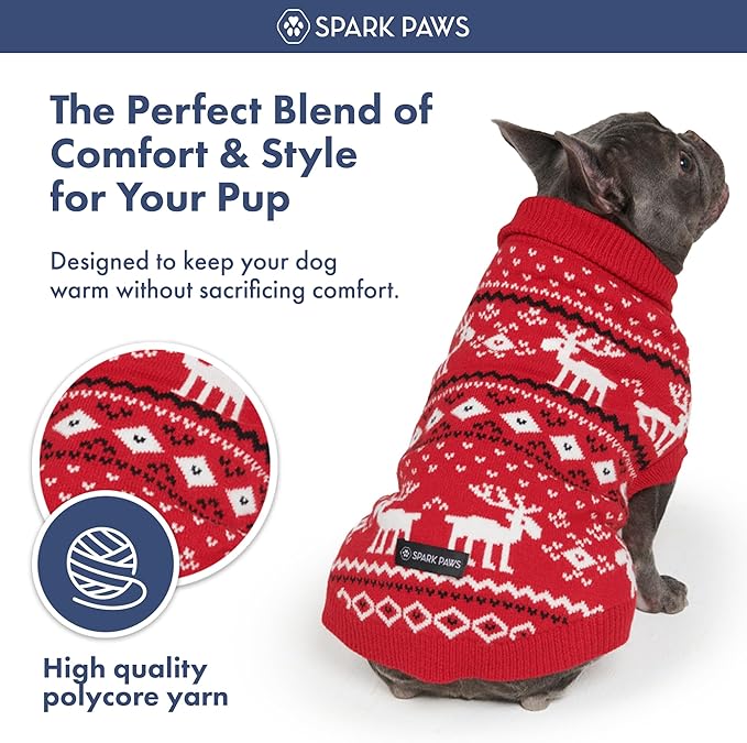 Spark Paws Christmas Dog Sweater – Ultra Soft Holiday Knit Sweater for Small, Medium & Large Dogs, Cute Pet Sweater for French Bulldogs & Big Dogs, Easy Potty V Cut Design Jacket - (Dasher Red,L)