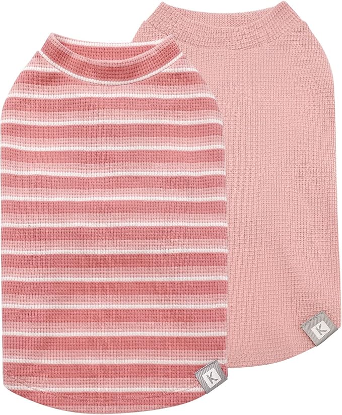 KYEESE 2Pack Waffle Dog Shirts for Small Dogs Stretchy T-Shirts Lightweight Tank Top Sleeveless Striped Vest Breathable Cat Tee, Medium, Pink+Striped