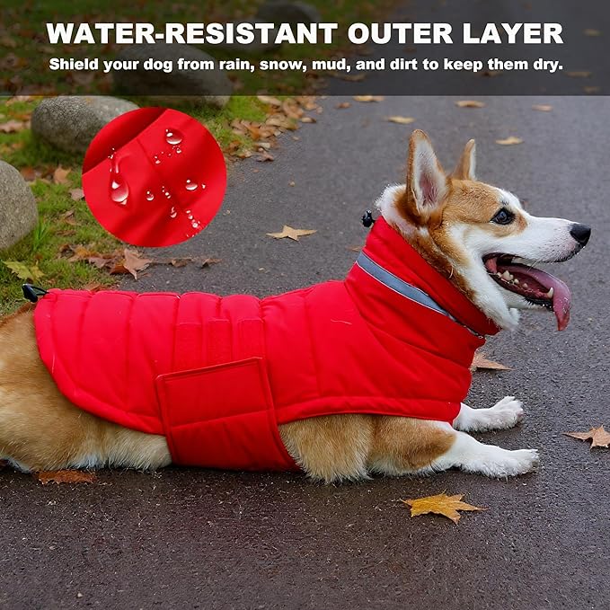 Dog Coat, Waterproof Winter Jacket, Warm Windproof Jacket, Reflective Adjustable Turtleneck Coats for Small Dogs with Hook & Loop - Red - S