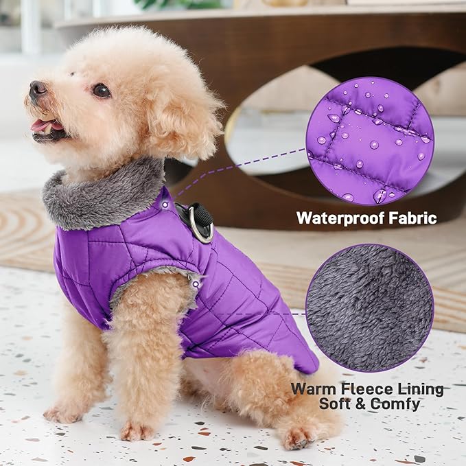 Warm Fleece Dog Coats with Durable Harness Buitl in D-Ring,Waterproof Doggie Jacket for Medium Dogs,Dog Vest for Cold Winter,Purple XL