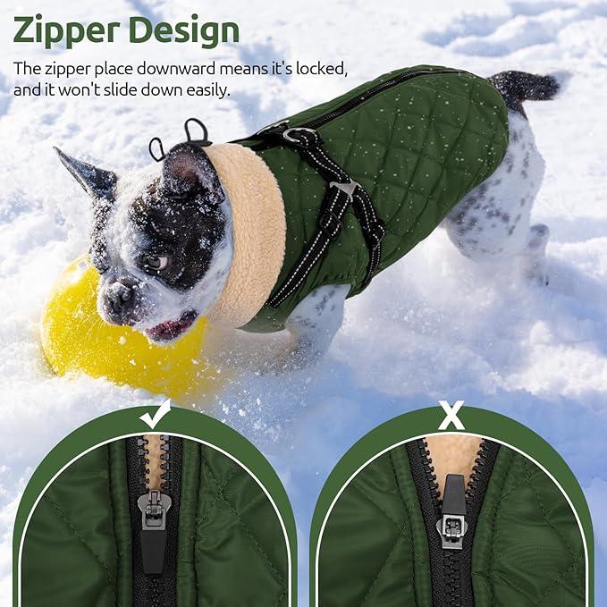 Queenmore Dog Winter Jacket, Dog Coats for Large Dogs, Warm Cozy Pet Jacket Winter with Harness Built in, Waterproof Pet Snow Jacket, Thick Fleece Lining Snowsuit for Large Dogs, ArmyGreen L