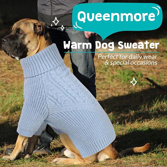 Queenmore Puppy Dog Sweeters - Long Sleeves Turtleneck Winter/Fall Sweater for Medium, Large Dogs; Solid Blue Knit; Christmas Theme; For Dog Girls & Boys