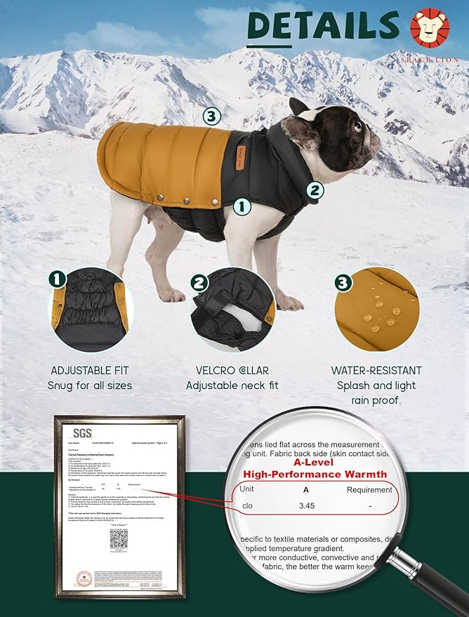 SPACE LION Dog Puffer Jacket, Down Winter Coat, Durable Outdoor Coat for Cold and Windy Conditions, Waterproof, Lightweight Jacket, Adjustable Fit for Small, Medium, Large Dogs(BlackKhaki,24/2XL)