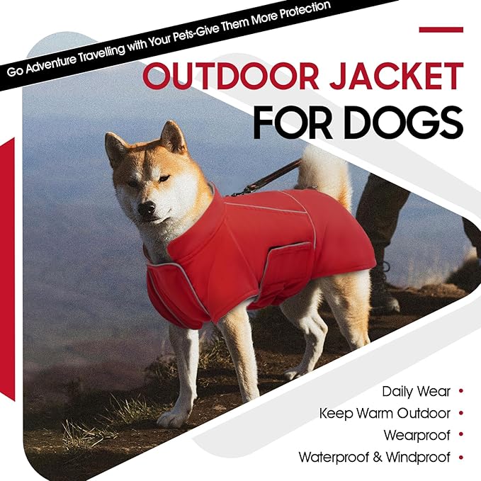 ROZKITCH Dog Winter Coat, Waterproof Raincoat Jacket with Fleece Liner and Leash Hole, Windproof Rain Jacket with Reflective Strip for Medium, Adjustable Poncho Vest for Outdoor Hiking Travel Red L