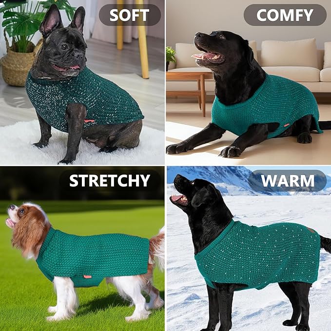 KYEESE Dog Christmas Sweater for Large Dogs with Leash Hole Warm Pullover with Reflective Yarn Male Thick Stretchy Knitwear Winter Soft Pet Coat boy Cold Weather Comfy Dog Sweaters, Green,XXX-Large
