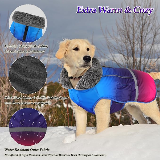 Dogcheer Warm Dog Coat, Waterproof Dog Winter Jacket Christmas Puppy Cold Weather Coats with Buckle, Reflective Adjustable Pet Snow Jacket for Small Medium Large Dogs - Gradient Blue-red, XL