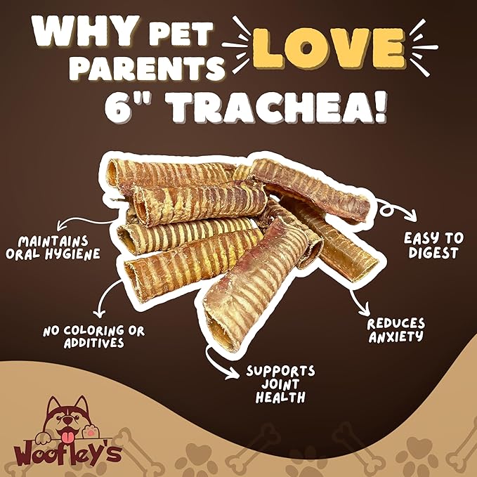 Woofley's Beef Trachea - (6 Inch 20 Pack) - Trachea Treats for Dogs - Natural Source of Glucosamine and Chondrotin for Joint Health - 100% Natural Beef Windpipe for Dogs