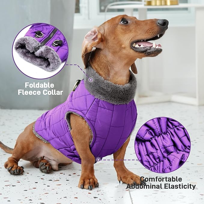 Warm Fleece Dog Coats with Durable Harness Buitl in D-Ring,Waterproof Doggie Jacket for Large Dogs,Dog Vest for Cold Winter,Purple XXL
