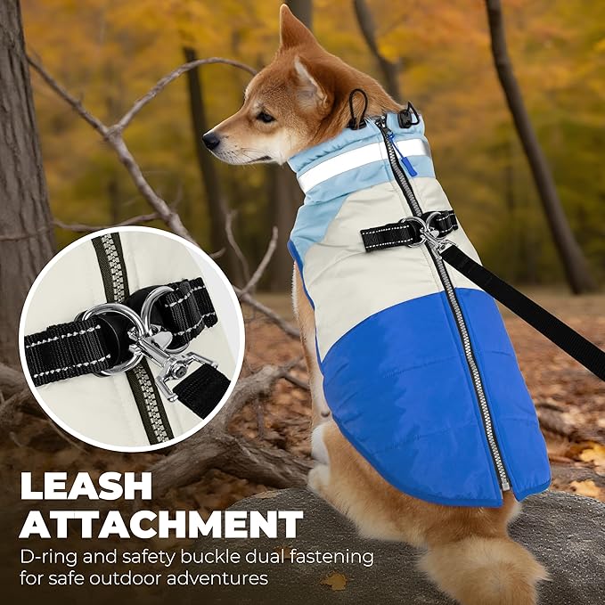 Dog Coat, Waterproof Dog Winter Coats for Small Dogs, Reflective Dogs Jacket with Harness Built in, Zip-up Cold Weather Coats Pet Vest Turtleneck Doggy Snowsuit, Blue Medium